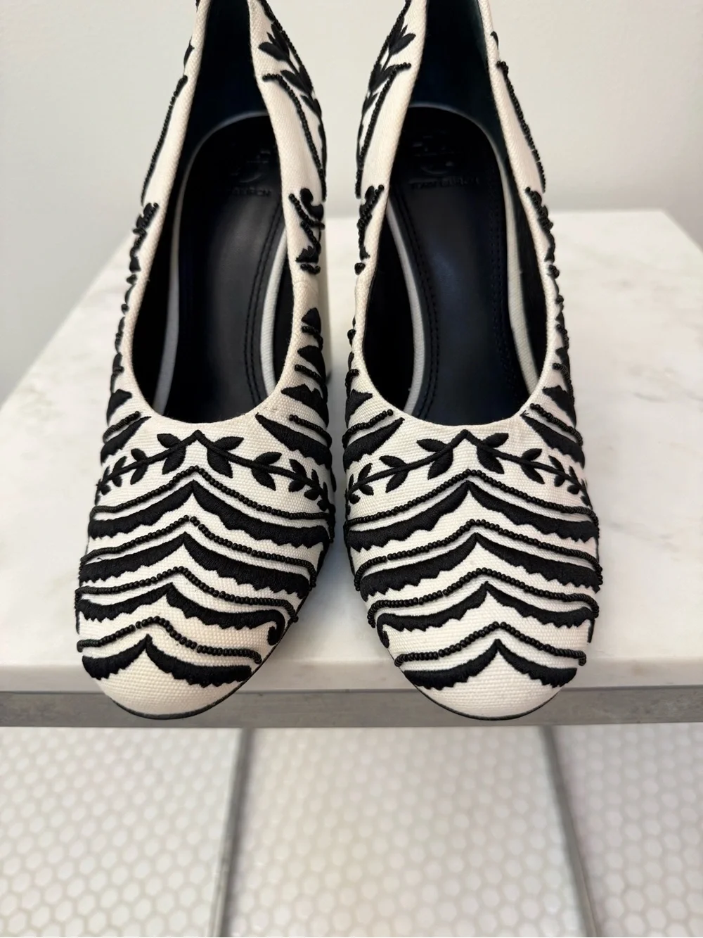 TORY BURCH LUCIA EMBELLISHED BLOCK HEEL PUMPS EMBROIDERED BEADED